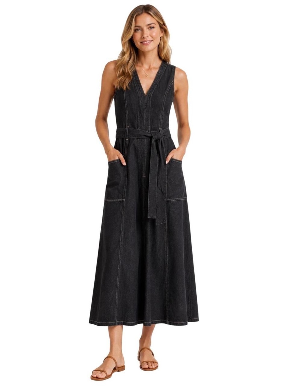 Sundance Jean Blue V-Neck Maxi Dress with Tie Belt